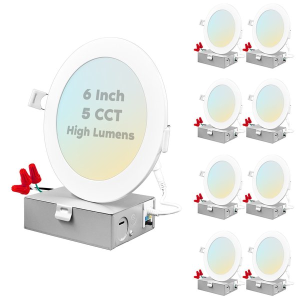 Luxrite 6 Inch Ultra Thin LED Recessed Downlights 5 CCT Selectable 2700K-5000K 15W 1400LM Dimmable 8-Pack LR23745-8PK